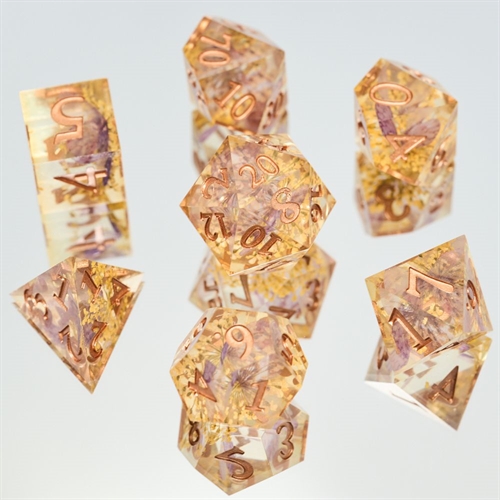 Sharp Edge Resin Dice Set - Yellow Flower - Metal RPG Dice - Epic Dwarf Dice